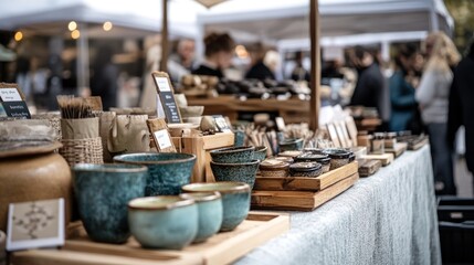 Artisan teaware displayed at a bustling outdoor market.