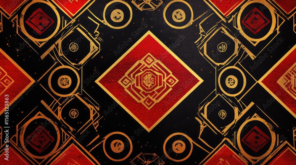 Poster dynamic chinese new year geometric design with repeating red and gold patterns, evoking energy and p