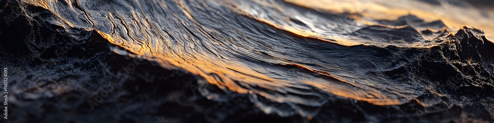 Aufkleber Wide shot of The Wave s intricate textures illuminated by golden hour light, with distant mesas and desert vegetation adding depth, in 4K resolution