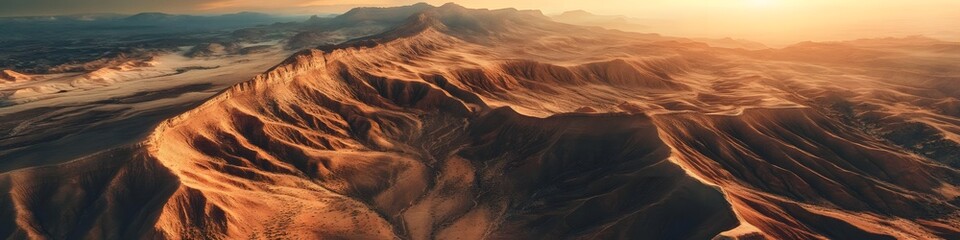 Naklejka premium Aerial panorama of The Wave surrounded by rugged desert cliffs glowing under golden sunlight, with vibrant sandstone ridges adding depth, in 4K resolution