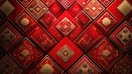 Dynamic Chinese New Year geometric design with repeating red and gold patterns, evoking energy and prosperity.