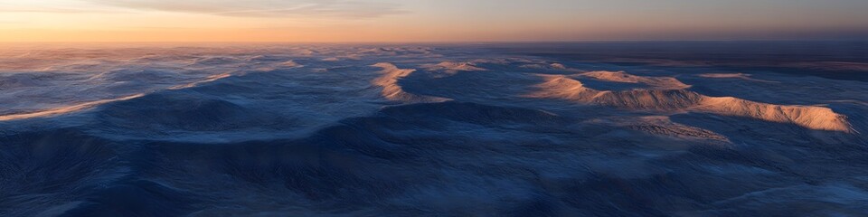 Aerial panorama of The Wave s surreal patterns illuminated by soft twilight, with the rugged desert landscape stretching into the horizon, in 4K resolution