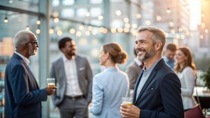 Smiling businessman at a networking event, enjoying drinks and conversation with colleagues.  A successful corporate gathering in a modern setting.
