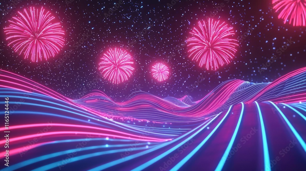 Poster Fireworks abstract background idea. Dynamic abstract landscape with vibrant neon waves and colorful fireworks in the sky.