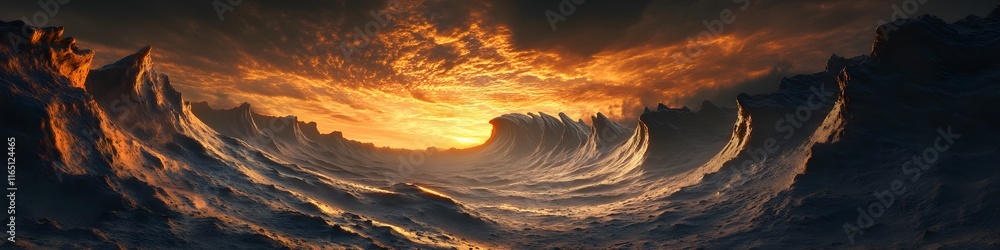Poster panoramic view of the wave glowing under fiery twilight, with rugged cliffs and intricate sandstone 