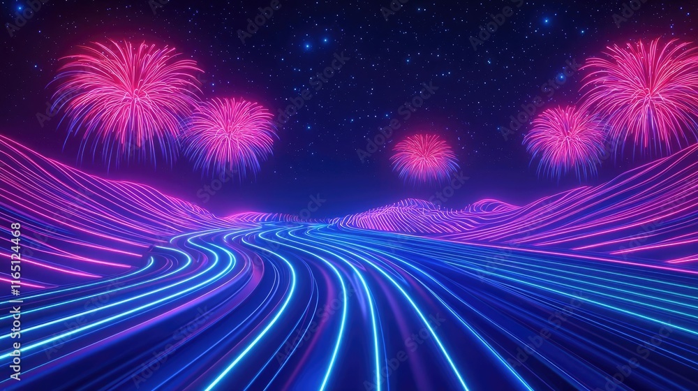 Poster fireworks abstract background idea. a vibrant digital landscape with glowing lines and colorful fire