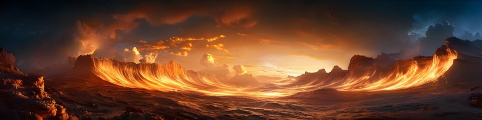 Obraz premium Panoramic view of The Wave glowing under fiery twilight, with rugged cliffs and intricate sandstone swirls illuminated by golden light, in 4K resolution
