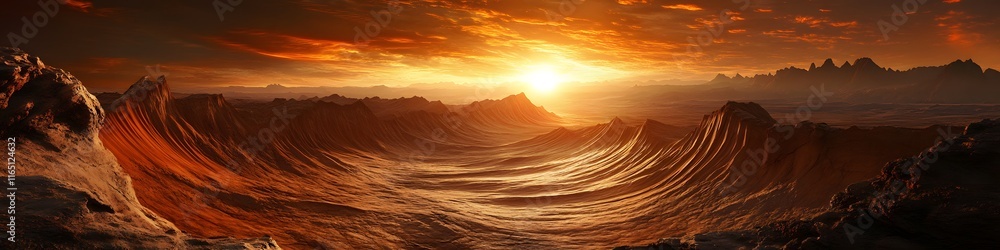 Aufkleber panoramic view of the wave s swirling patterns glowing under fiery sunset hues, with rugged desert c