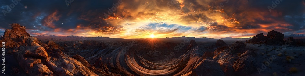 Aufkleber panoramic view of the wave s swirling patterns glowing under fiery sunset hues, with rugged desert c