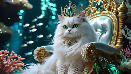 Fototapeta premium Regal White Cat as Underwater Royalty Sitting on Ornate Throne with Emerald Crown and Jeweled Necklace in a Fantasy Ocean Realm