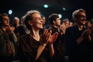 Spectators stand and applaud joyfully in a bright auditorium after a captivating performance