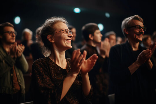 Spectators stand and applaud joyfully in a bright auditorium after a captivating performance