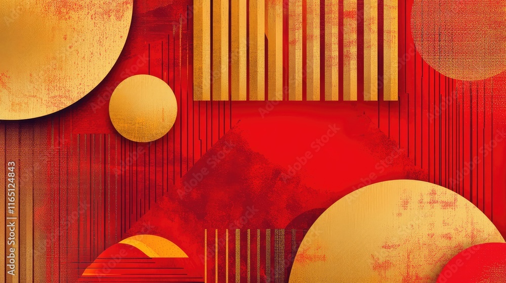 Poster dynamic chinese new year geometric design with layered patterns, featuring radiant gold shapes on a 