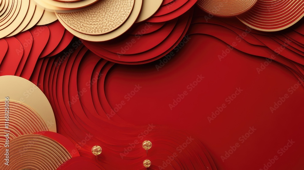 Poster dynamic chinese new year geometric design with layered patterns, featuring radiant gold shapes on a 