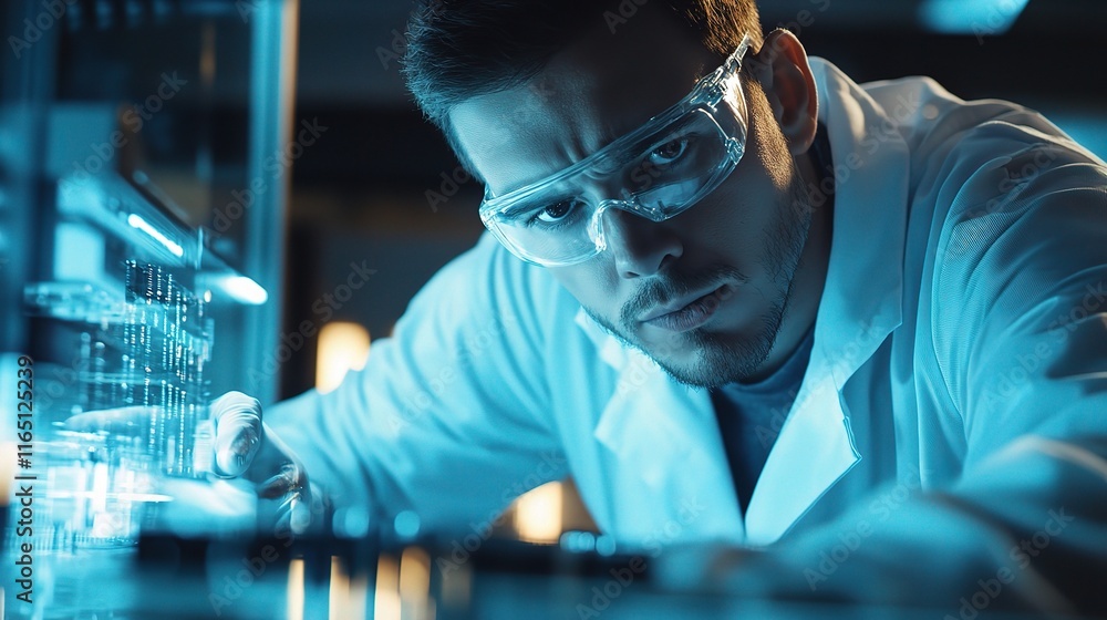 Poster engineer inspecting complex circuit board in high-tech laboratory