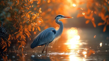 Heron at sunset, autumn foliage.