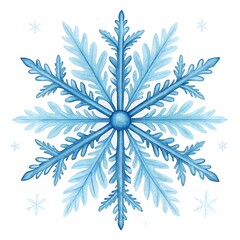 intricate blue snowflake watercolor illustration-watercolor illustration of a detailed and symmetrical blue snowflake, symbolizing winter, cold weather, and seasonal beauty with artistic charm.
