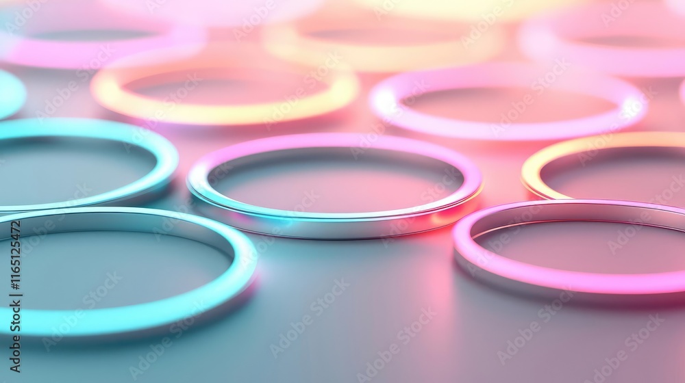 Poster Circles abstract background concept. Colorful glowing rings arranged on a smooth surface, creating a vibrant visual effect.