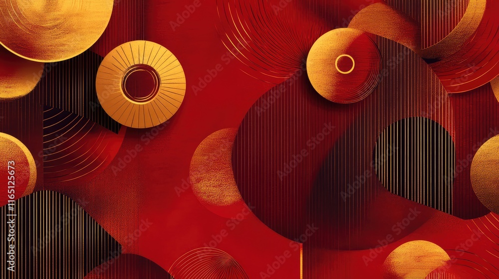 Poster dynamic chinese new year geometric design with layered patterns, featuring radiant gold shapes on a 