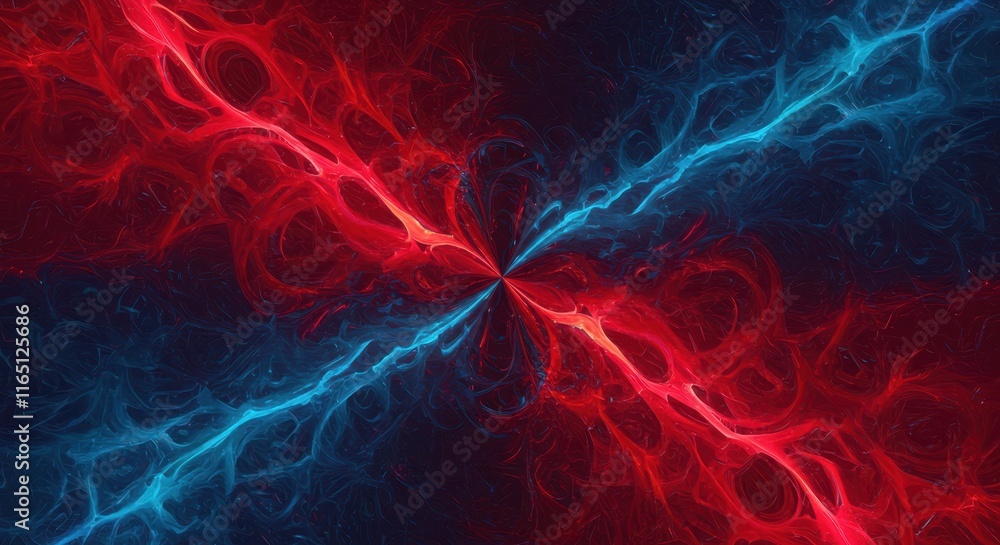 Poster mesmerizing red and blue energy waves converging in abstract pattern