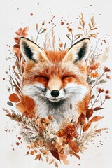 Fototapeta premium Whimsical Fox Portrait Surrounded by Autumn Floral Elements and Warm Colors