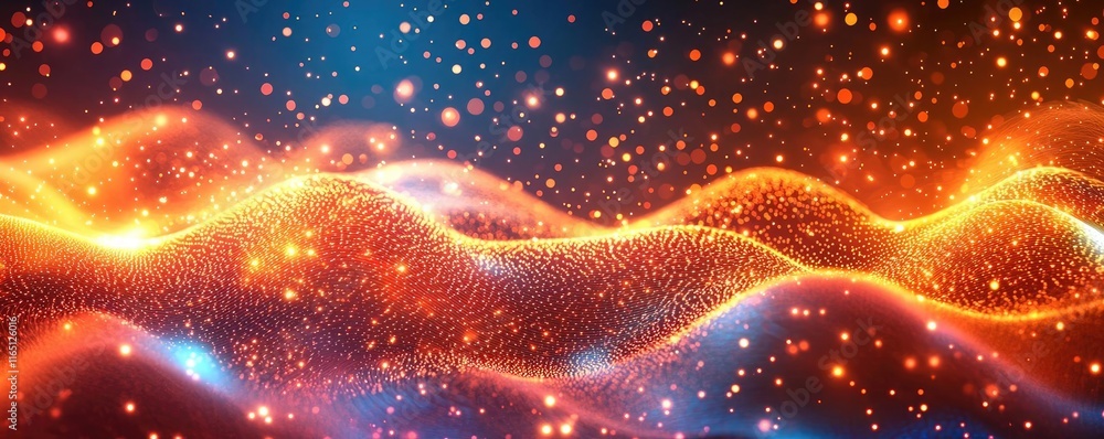 Poster Fireworks abstract background idea. Beautiful abstract wave pattern with vibrant colors and sparkling particles.