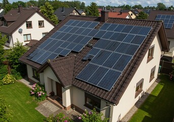 Fototapeta premium Solar panels on a residential roof, promoting renewable energy solutions