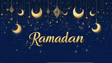 Ramadan Banner with Oriental Lanterns and Crescent Moon on Night Blue Background