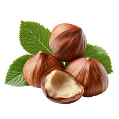Isolated hazelnuts with leaves on a white background, high-resolution, no shadow, professional food photography.