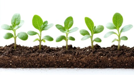 Five young green plants growing in dark soil against a white background.
