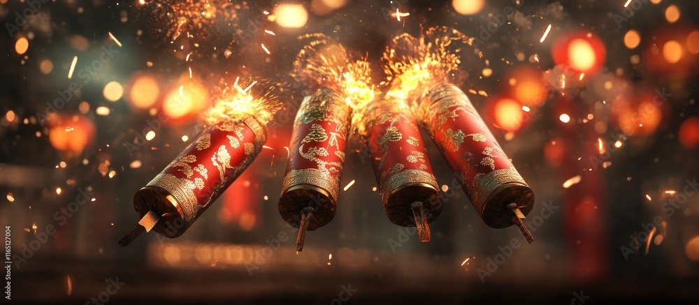 Poster festive firecrackers exploding with bright sparks against a bokeh background.