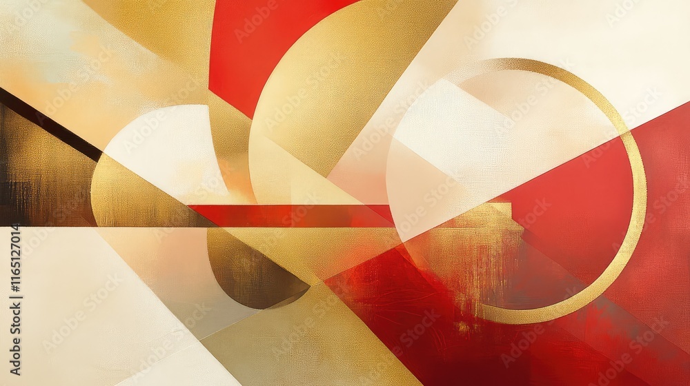Poster dynamic geometric shapes in red and gold tones with soft lighting and shimmering accents.
