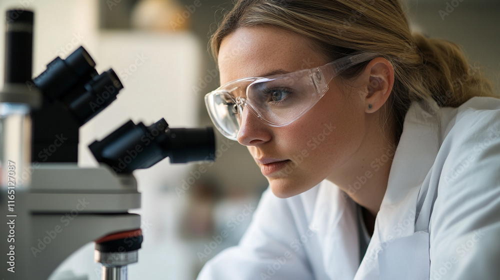 Poster young scientist engaged in research using a microscope in a laboratory setting