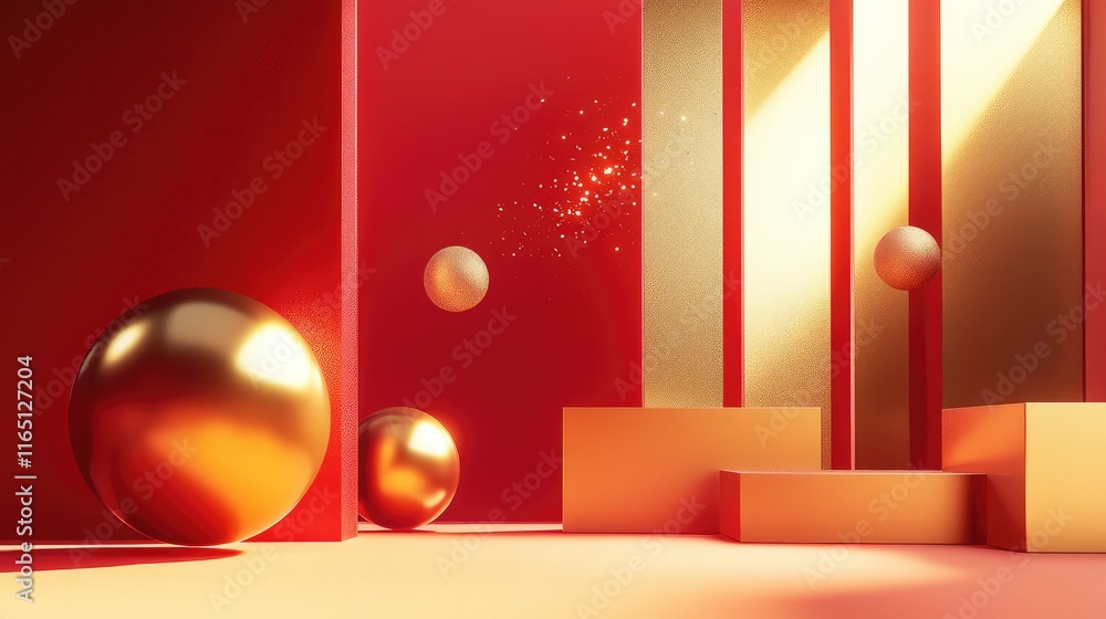 Poster dynamic geometric shapes in red and gold tones with soft lighting and shimmering accents.