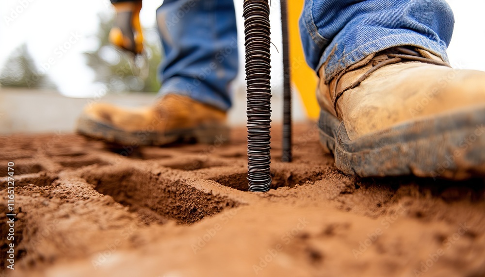 Poster a close-up of a worker's boots and hands inserting a rebar into freshly dug soil during a constructi