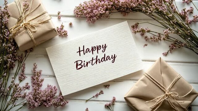 Happy birthday card with rustic gifts wrapped in kraft paper and tied with twine, surrounded by delicate pink flowers on a white wooden background