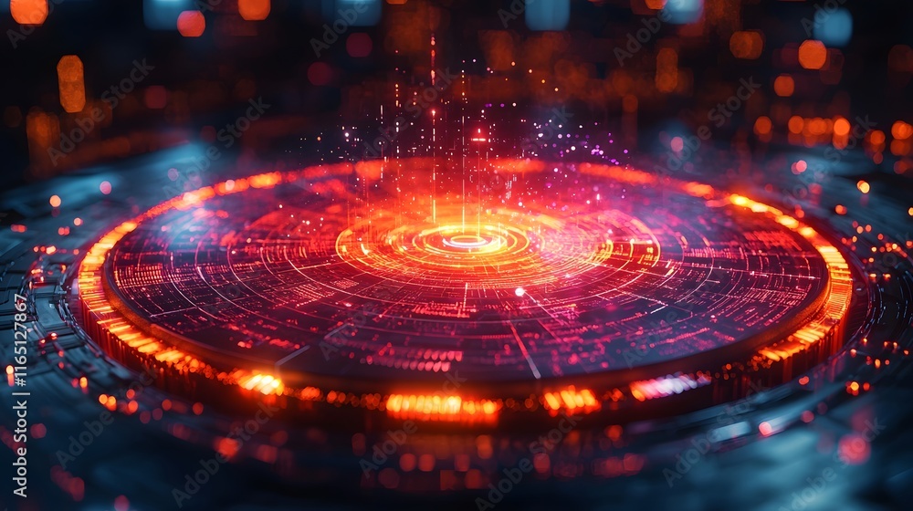 Poster futuristic digital holographic 3d pie chart rotating over table data visualization concept