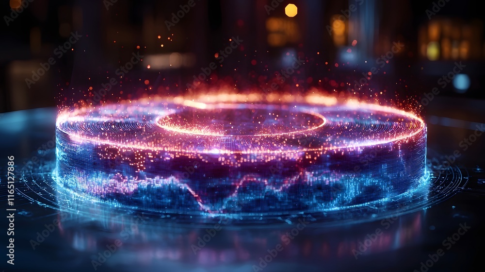 Poster mesmerizing 3d hologram pie chart rotating above a futuristic data visualization display