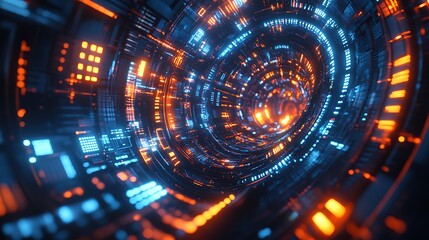 Obraz premium A digital trade route visualization featuring glowing arcs connecting continents, illuminated trade nodes, intricate holographic details, vibrant neon tones of blue and orange,