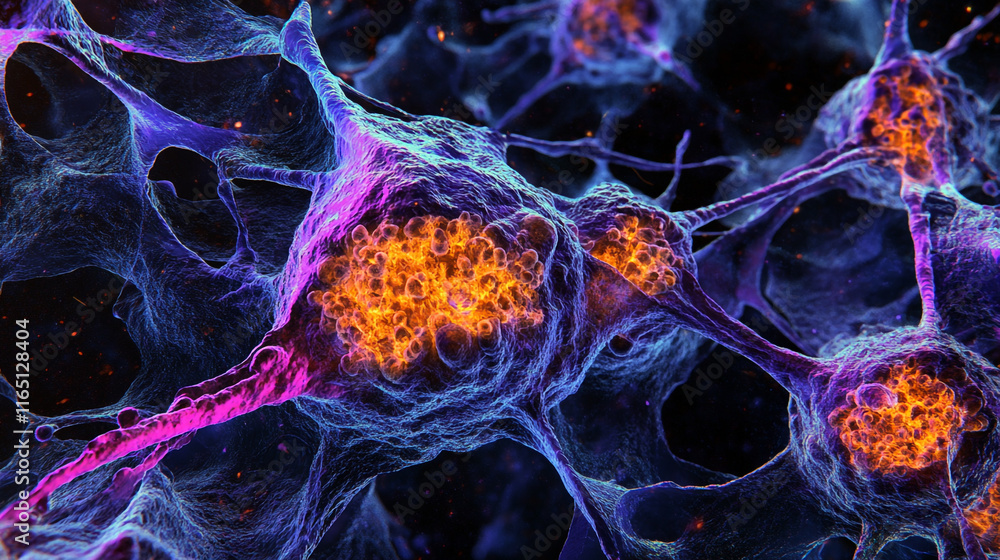 Poster microscopic view of intricate neural networks with vibrant colors and structures