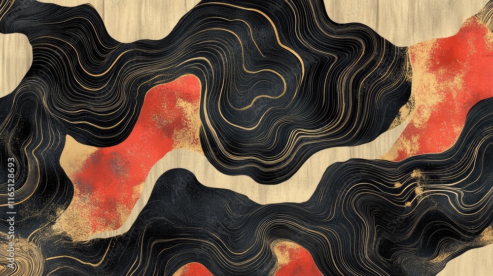Poster dynamic ink wash design with layered black ink and glowing red and gold accents in an abstract patte