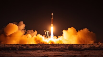 Vibrant night launch of a reusable rocket with advanced AI systems controlling the trajectory