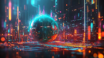 Fototapeta premium A futuristic 3D globe surrounded by floating graphs and data points, with dynamic lines and glowing overlays, vibrant electric blue and green tones, sharp digital details,