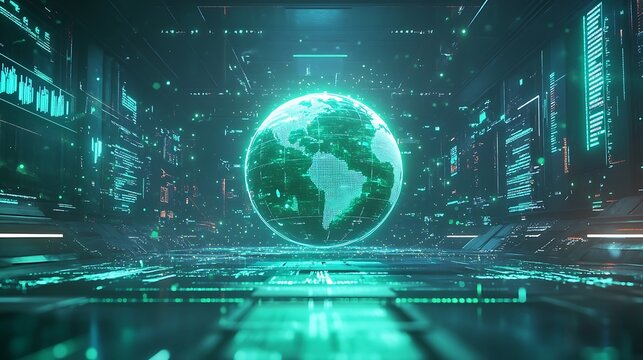 A futuristic 3D globe surrounded by floating graphs and data points, with dynamic lines and glowing overlays, vibrant electric blue and green tones, sharp digital details,