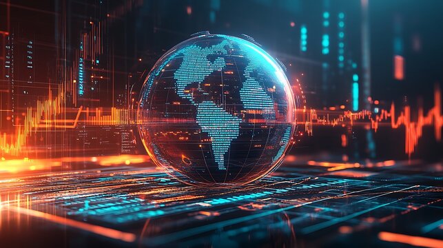 A futuristic 3D globe surrounded by floating graphs and data points, with dynamic lines and glowing overlays, vibrant electric blue and green tones, sharp digital details,