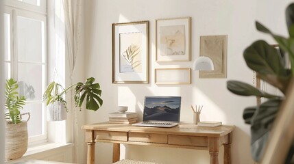 Minimalist Home Office with Laptop and Artistic Touch