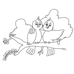 Cute cartoon hand drawn vector love birds coloring page.