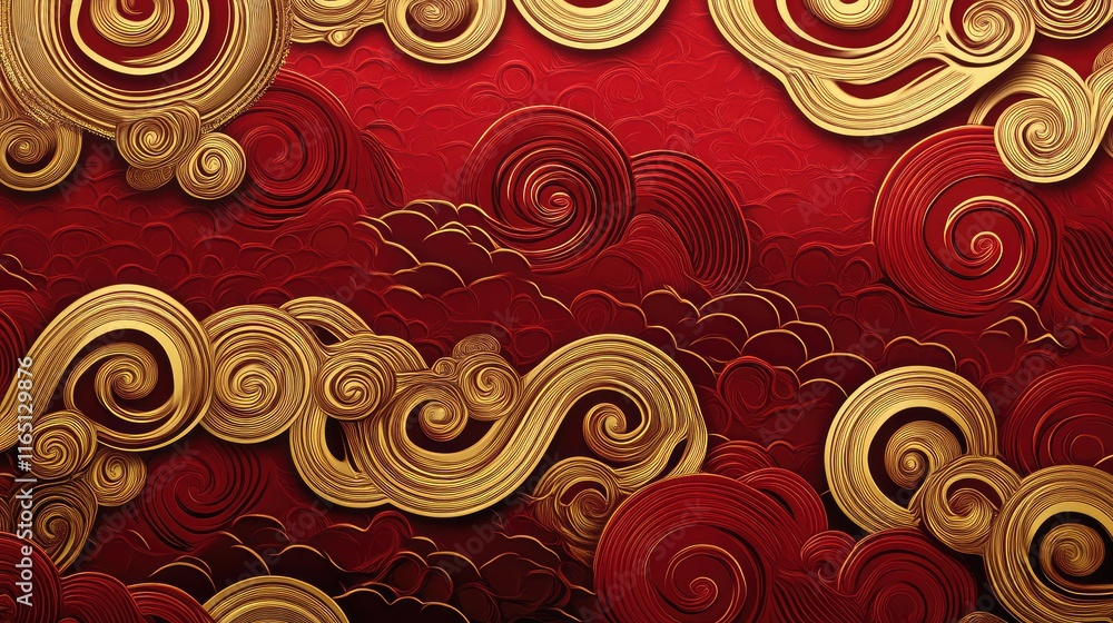 Poster dynamic modern chinese new year patterns with intricate gold and red swirls blending seamlessly into