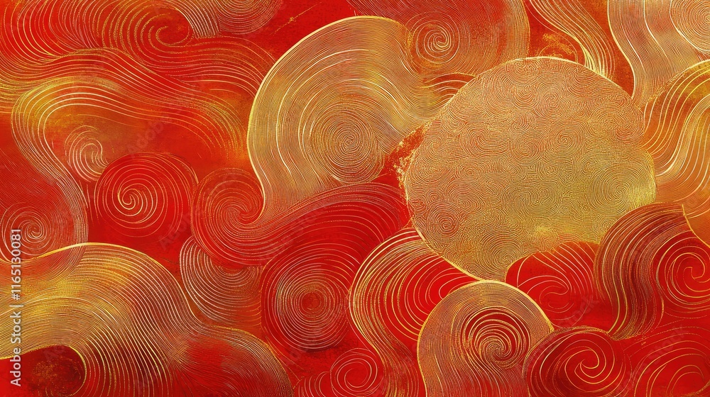 Poster dynamic modern chinese new year patterns with intricate gold and red swirls blending seamlessly into