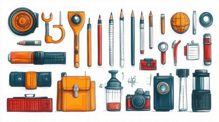 Hand drawn style illustration of various educational tools and supplies, including pencils, rulers, and camera, showcasing creativity and learning